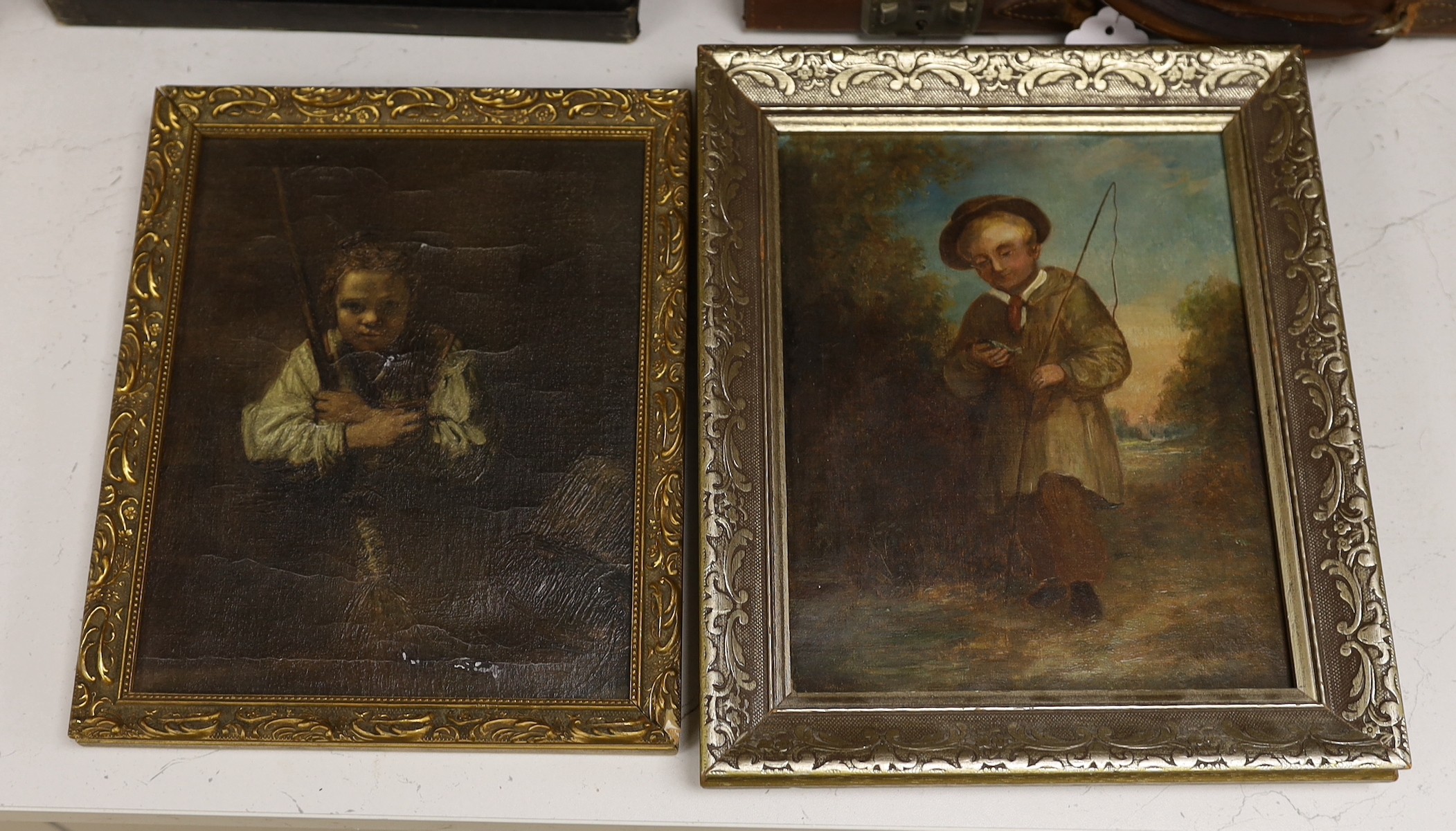 19th century English School, oil on canvas, Study of a boy angler, 24 x 19cm and an oleograph after Rembrandt